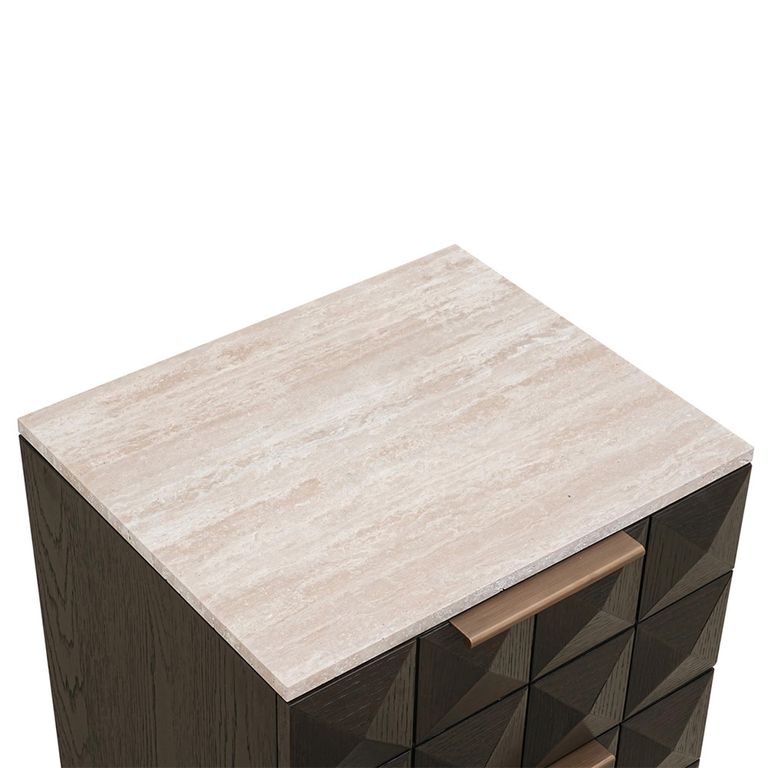 Claremont Dark Wood 2 Drawer Geometric Bedside Cabinet with Travertine Top