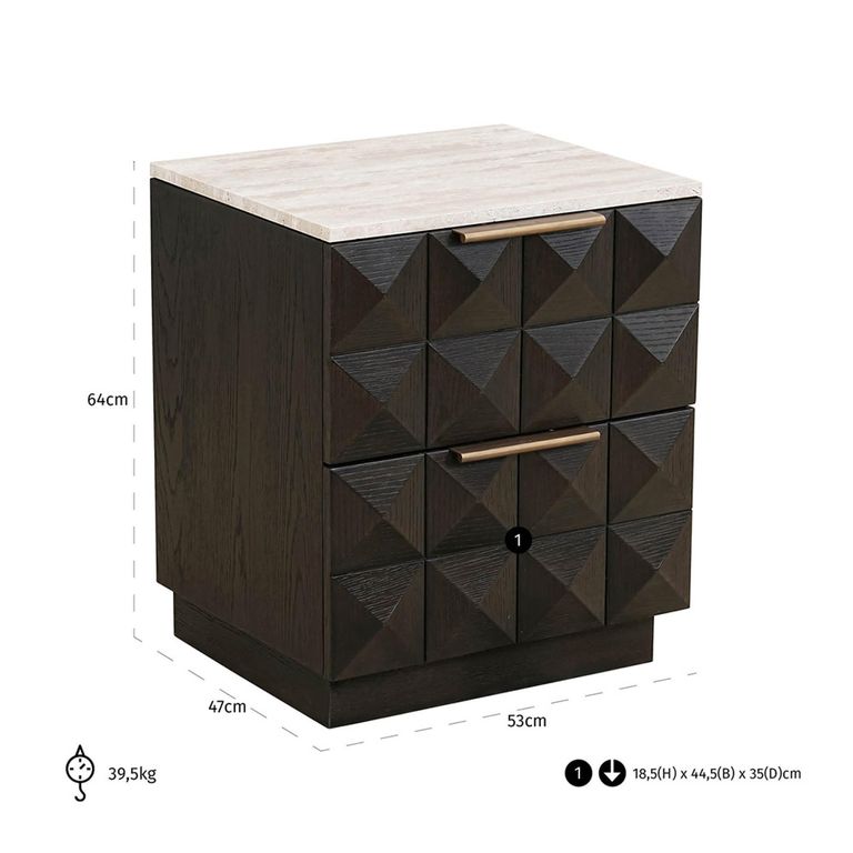 Claremont Dark Wood 2 Drawer Geometric Bedside Cabinet with Travertine Top