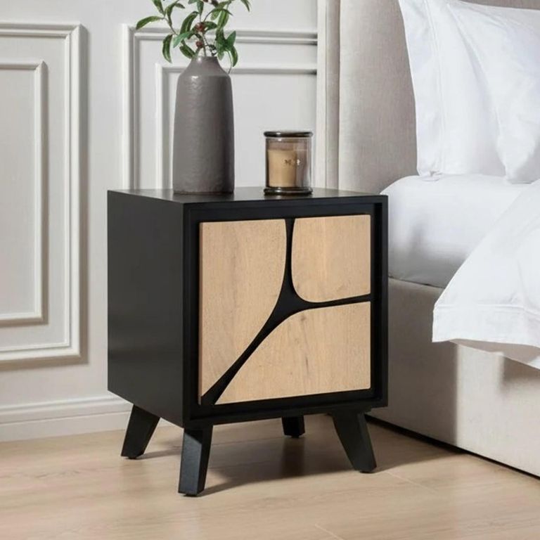 Boho Bedside Table - 1 Door - Geometric Design - Natural and Black - Mango Wood