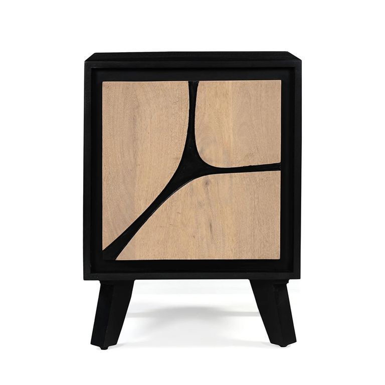 Boho Bedside Table - 1 Door - Geometric Design - Natural and Black - Mango Wood
