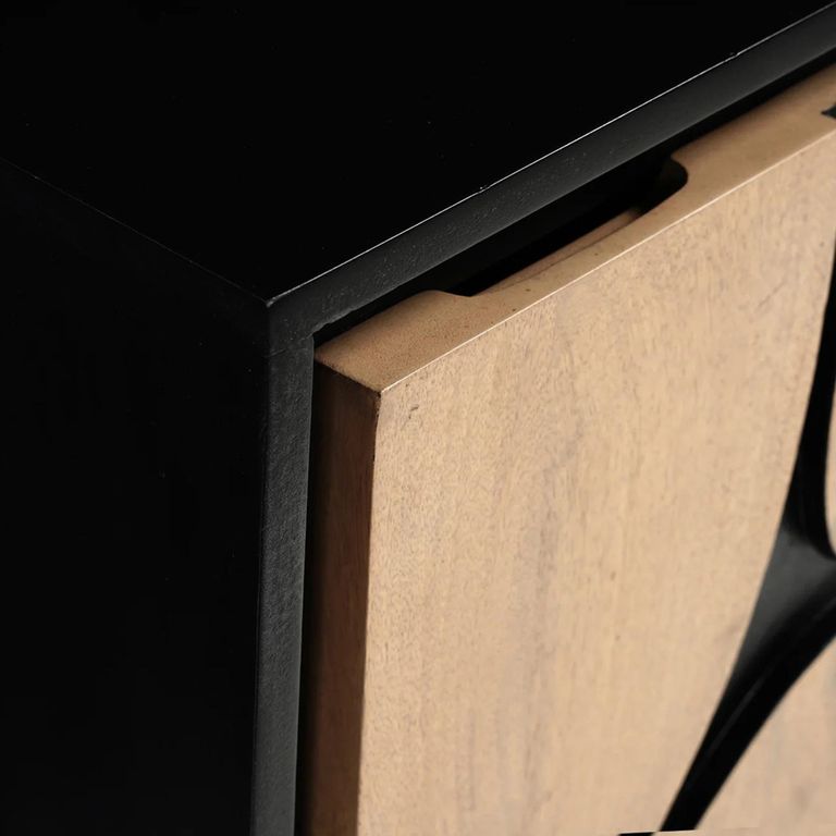 Boho Bedside Table - 1 Door - Geometric Design - Natural and Black - Mango Wood