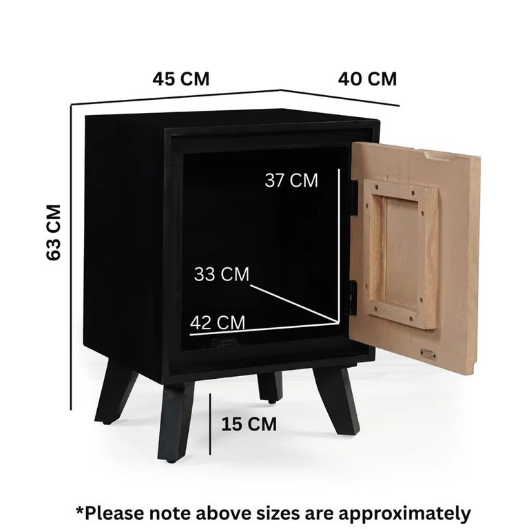 Boho Bedside Table - 1 Door - Geometric Design - Natural and Black - Mango Wood