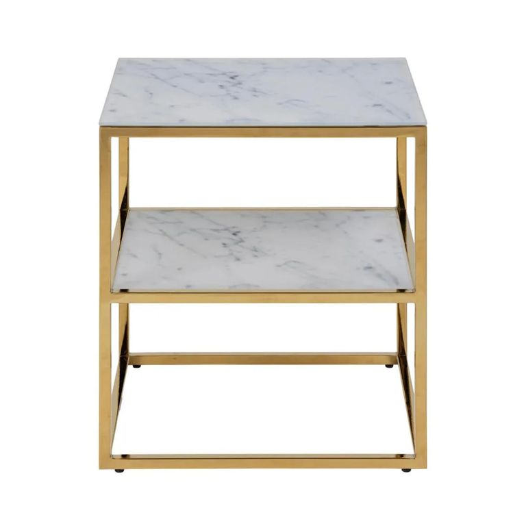 Alisma Bedside Table - White Marble and Gold Metal