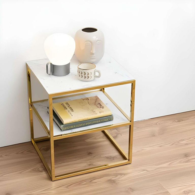 Alisma Bedside Table - White Marble and Gold Metal