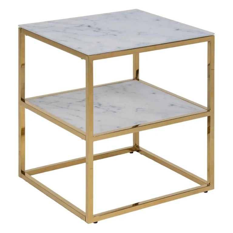 Alisma Bedside Table - White Marble and Gold Metal