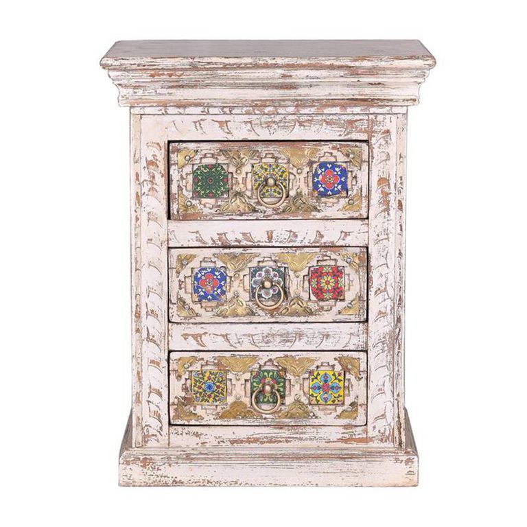 Awendaw Bedside Cabinet - 3 Drawer - Mango Wood - White Washed