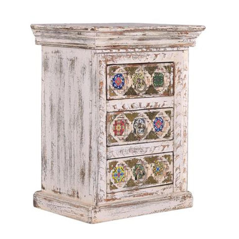 Awendaw Bedside Cabinet - 3 Drawer - Mango Wood - White Washed