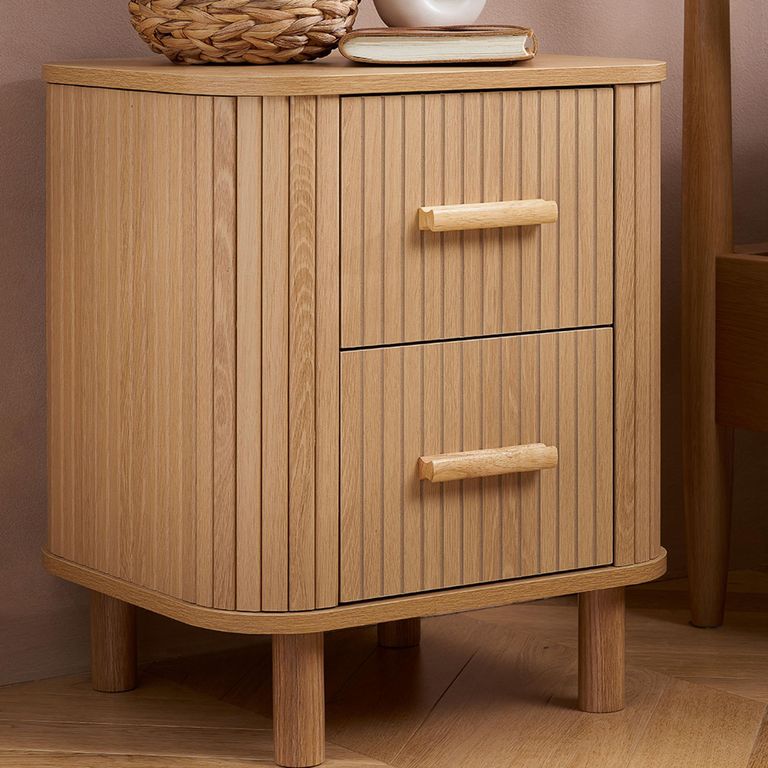 Axel Curved Bedside Cabinet - 2 Drawer - Oak Fluted