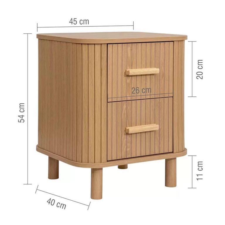 Axel Curved Bedside Cabinet - 2 Drawer - Oak Fluted