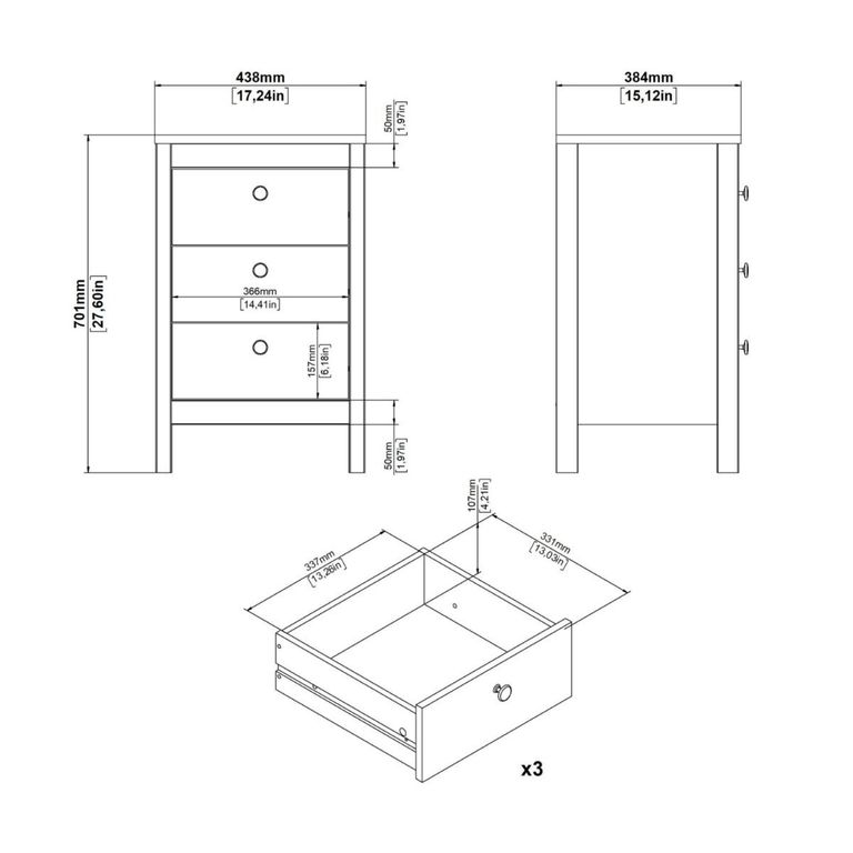 Barcelona Matt Black 3 Drawer Bedside Table