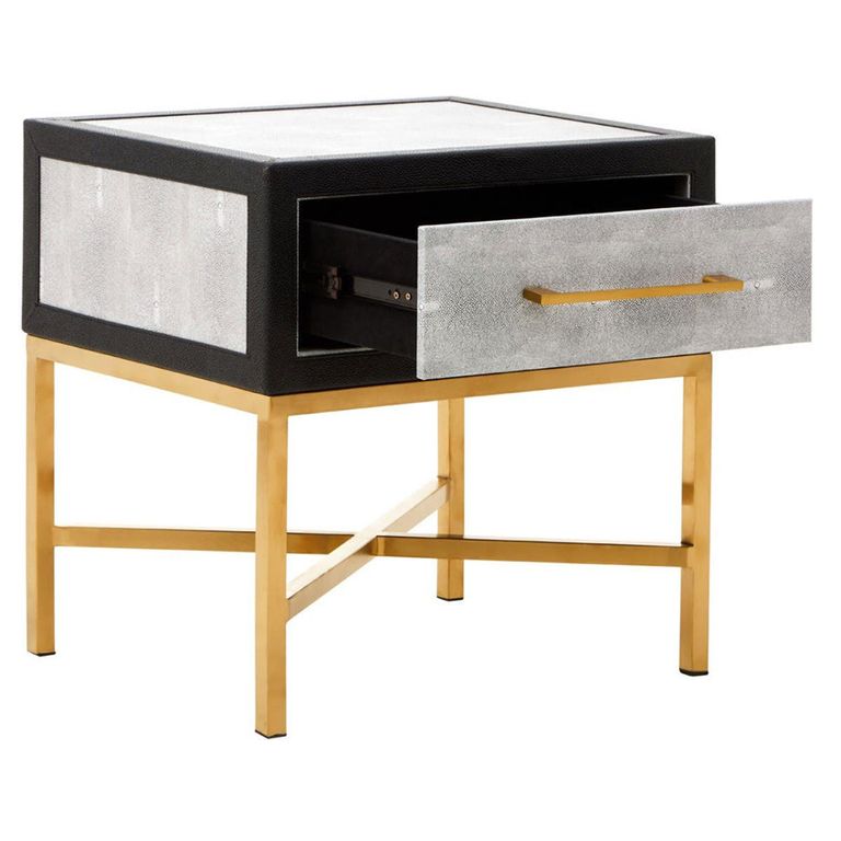 Cadio Bedside Table - 1 Drawer - Grey Faux Shagreen with Gold Legs