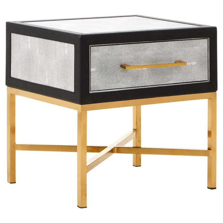 Cadio Bedside Table - 1 Drawer - Grey Faux Shagreen with Gold Legs