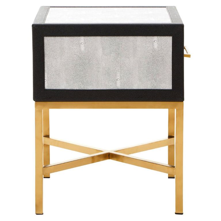 Cadio Bedside Table - 1 Drawer - Grey Faux Shagreen with Gold Legs