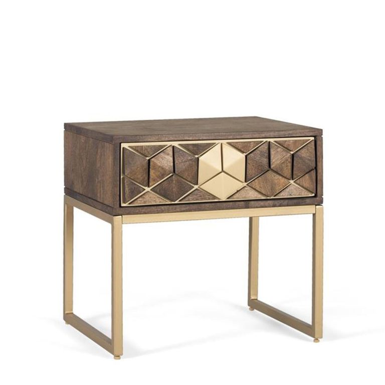 Caltan Bedside Table - 1 Drawer - Walnut Mango Wood and Gold - Geometric