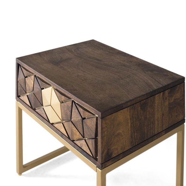 Caltan Bedside Table - 1 Drawer - Walnut Mango Wood and Gold - Geometric