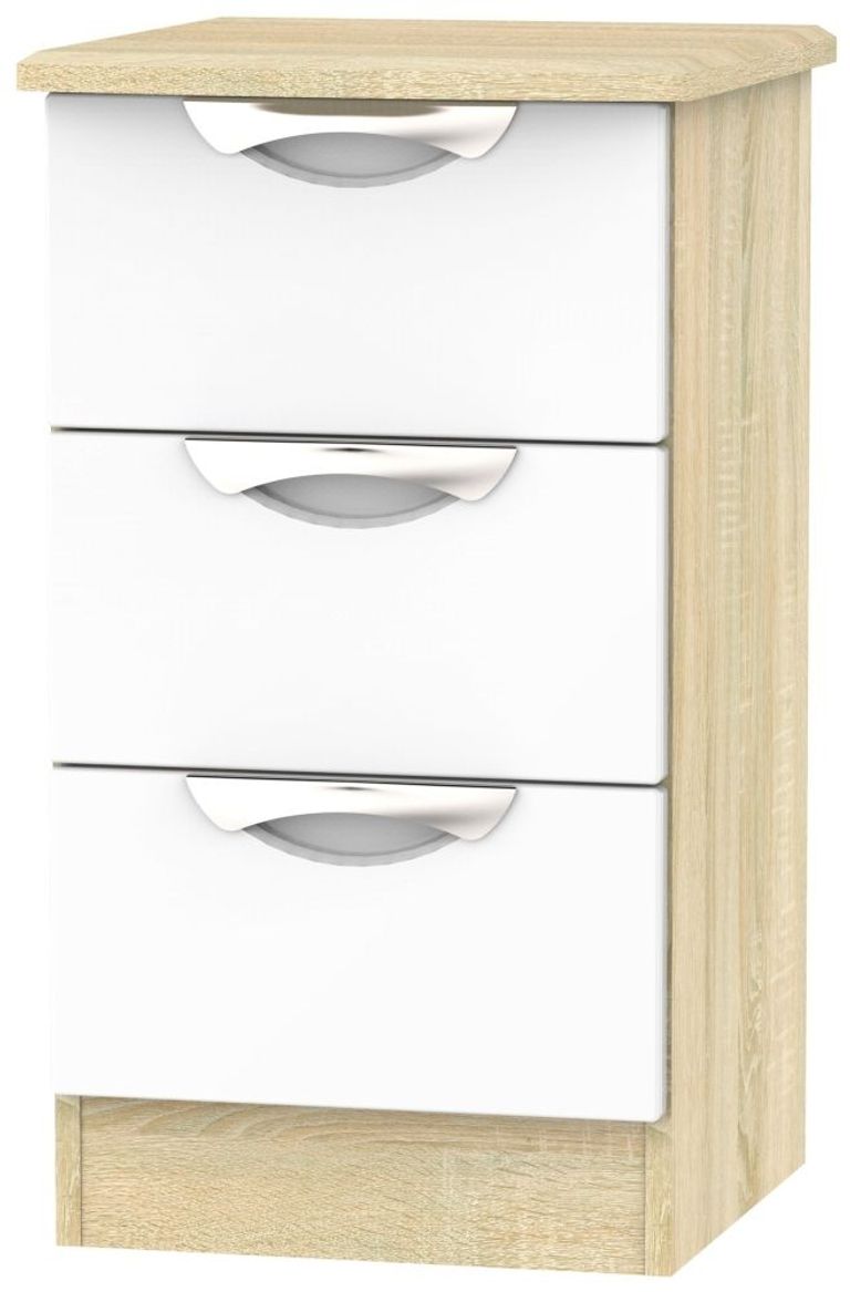 Camden White Gloss and Oak Effect 3 Drawer Bedside Cabinet