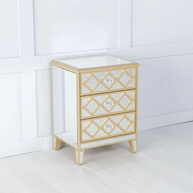 Casablanca Mirrored Gold Trim Bedside Cabinet - 3 Drawers