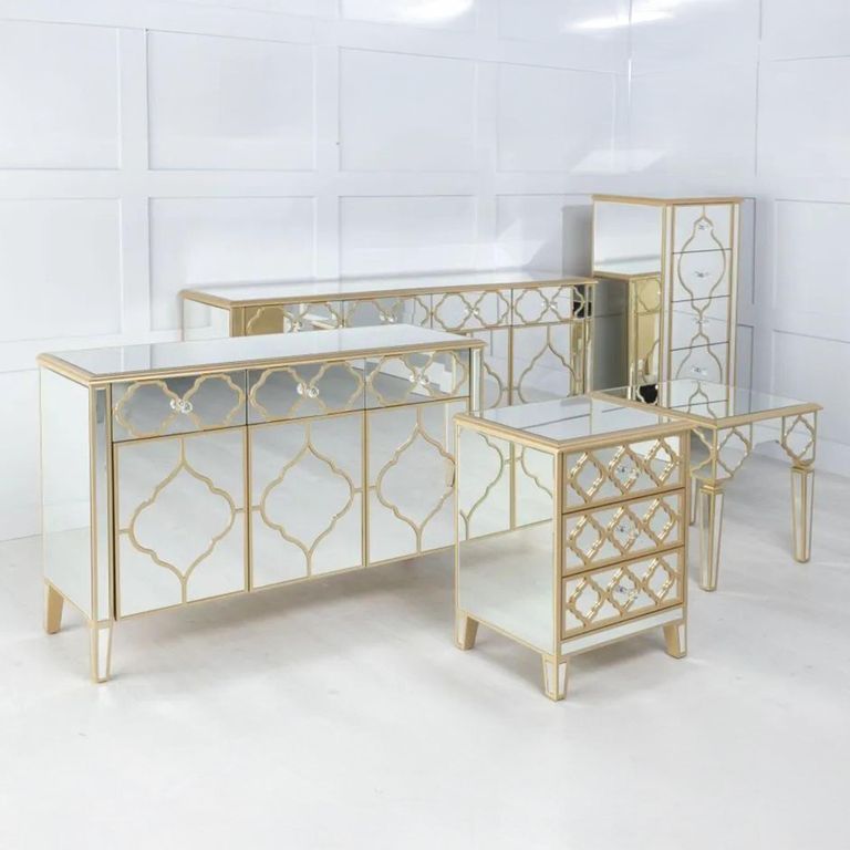 Casablanca Mirrored Gold Trim Bedside Cabinet - 3 Drawers