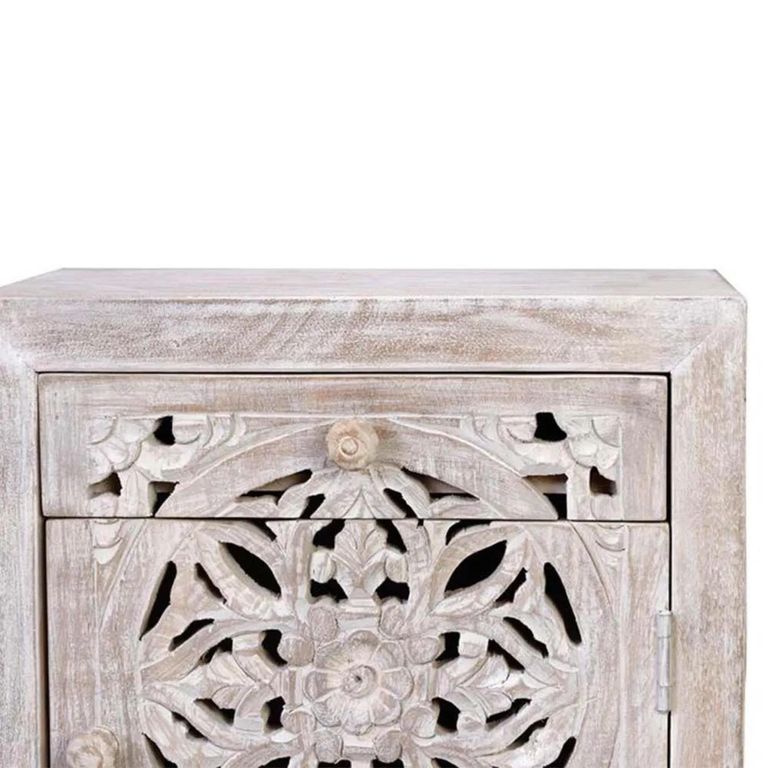 Clearance - Quintana White Washed Carved Mango Wood 1 Door Bedside Cabinet - FSS16202