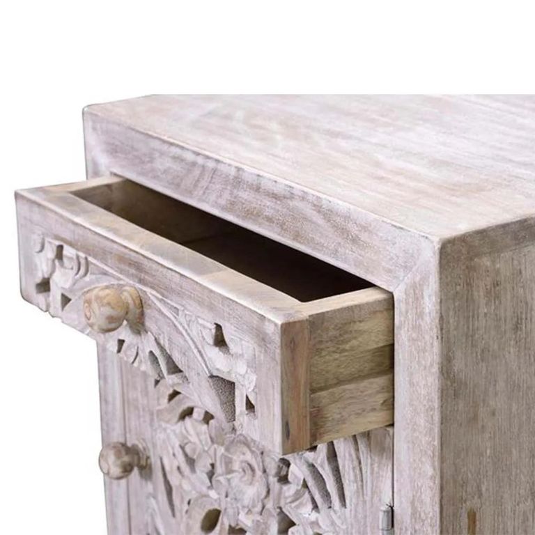 Clearance - Quintana White Washed Carved Mango Wood 1 Door Bedside Cabinet - FSS16202