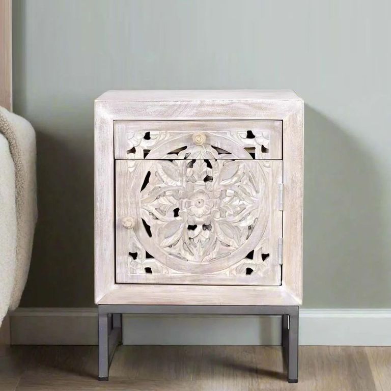 Clearance - Quintana White Washed Carved Mango Wood 1 Door Bedside Cabinet - FSS16202
