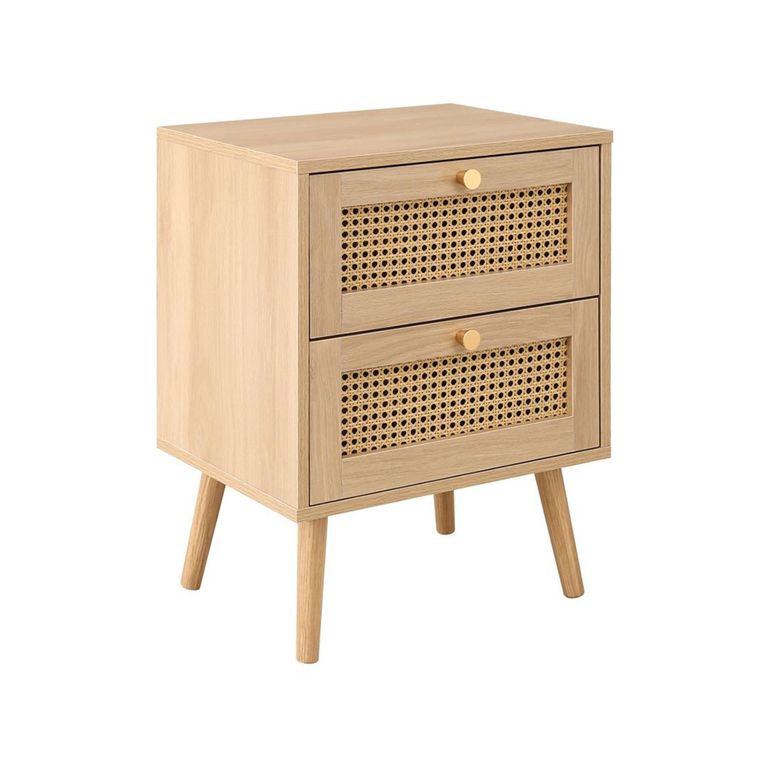 Croxley Bedside Cabinet - 2 Drawer - Oak and Rattan