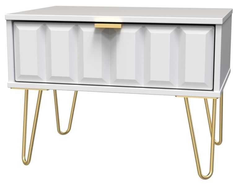 Cube White 1 Drawer Wide Bedside Table with Gold Hairpin Legs