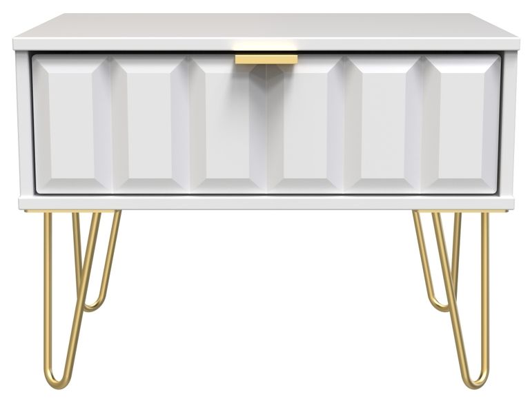 Cube White 1 Drawer Wide Bedside Table with Gold Hairpin Legs