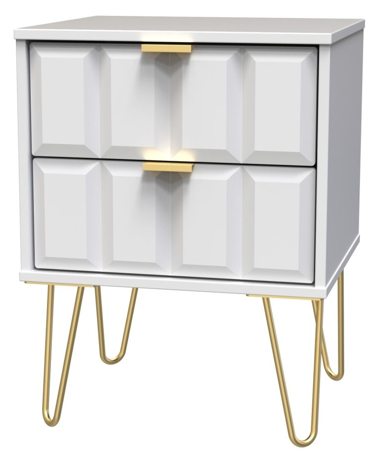 Cube White 2 Drawer Bedside Cabinet with Gold Hairpin Legs