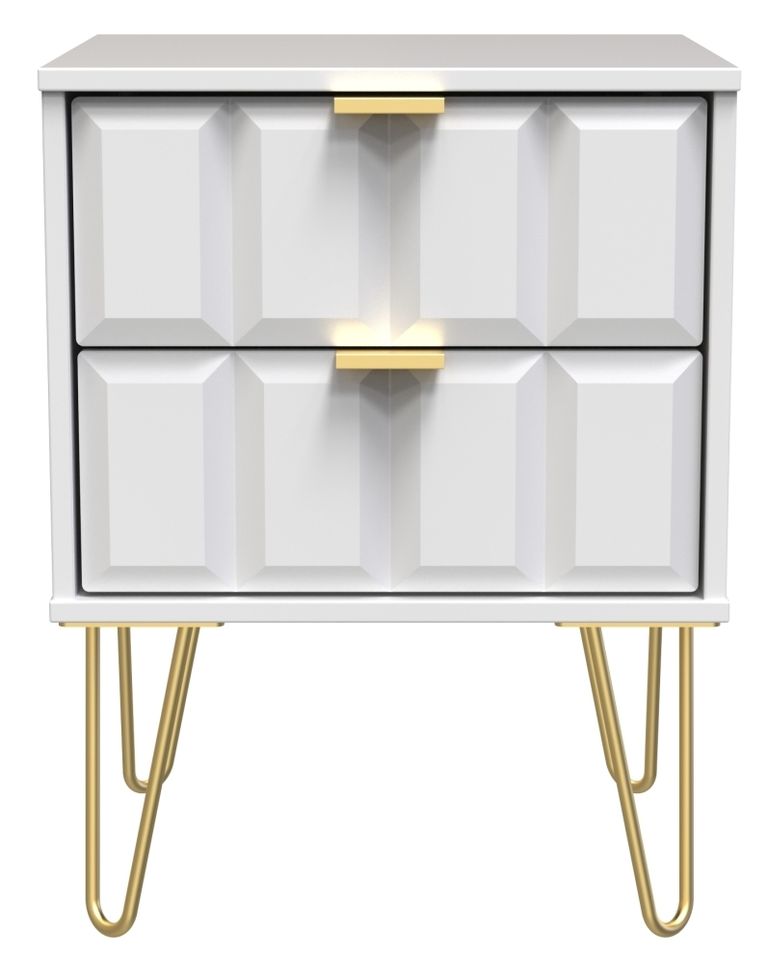 Cube White 2 Drawer Bedside Cabinet with Gold Hairpin Legs