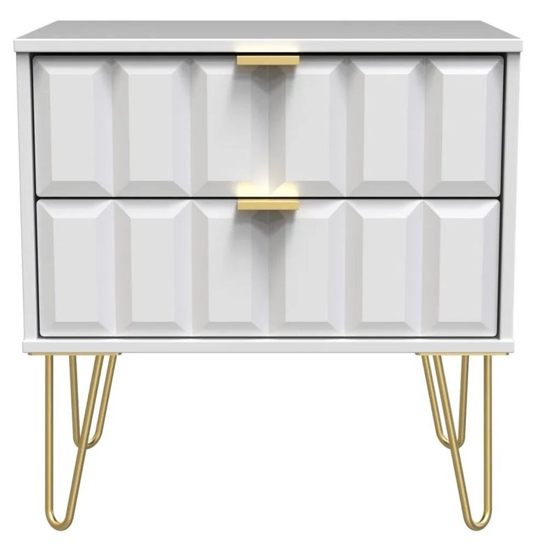 Cube White 2 Drawer Wide Bedside Cabinet with Gold Hairpin Legs