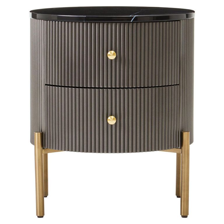 Dervio Bedside Cabinet - 2 Drawer - Round - Grey Fluted with Black Marble Top
