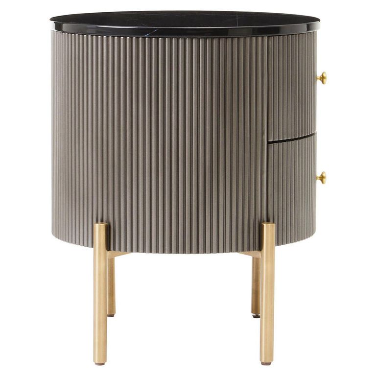 Dervio Bedside Cabinet - 2 Drawer - Round - Grey Fluted with Black Marble Top