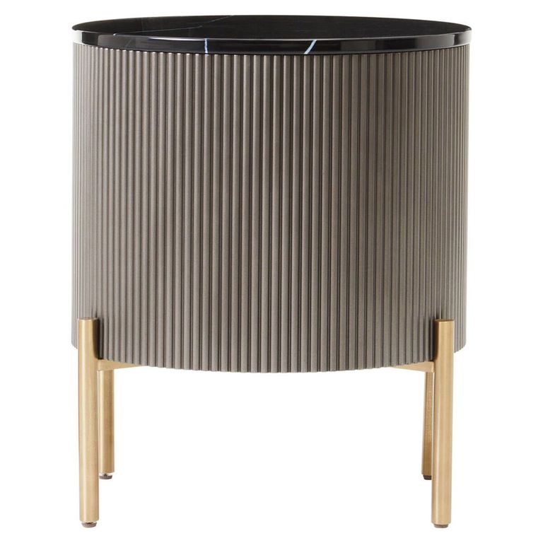 Dervio Bedside Cabinet - 2 Drawer - Round - Grey Fluted with Black Marble Top