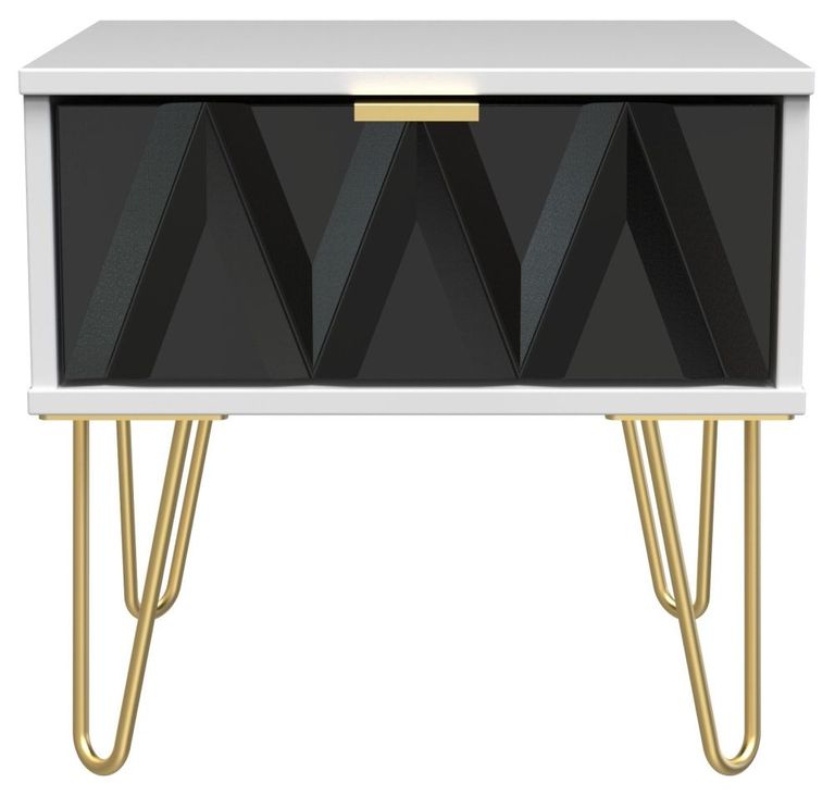 Diamond Black and White 1 Drawer Bedside Table with Gold Hairpin Legs