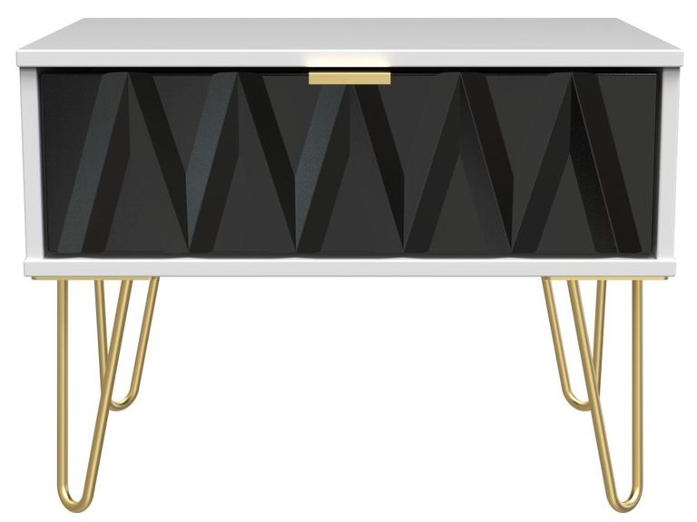 Diamond Black and White 1 Drawer Midi Bedside Table with Gold Hairpin Legs