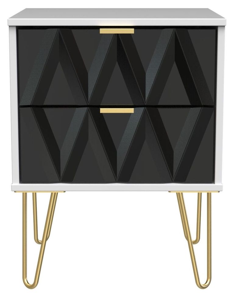 Diamond Black and White 2 Drawer Bedside Cabinet with Gold Hairpin Legs