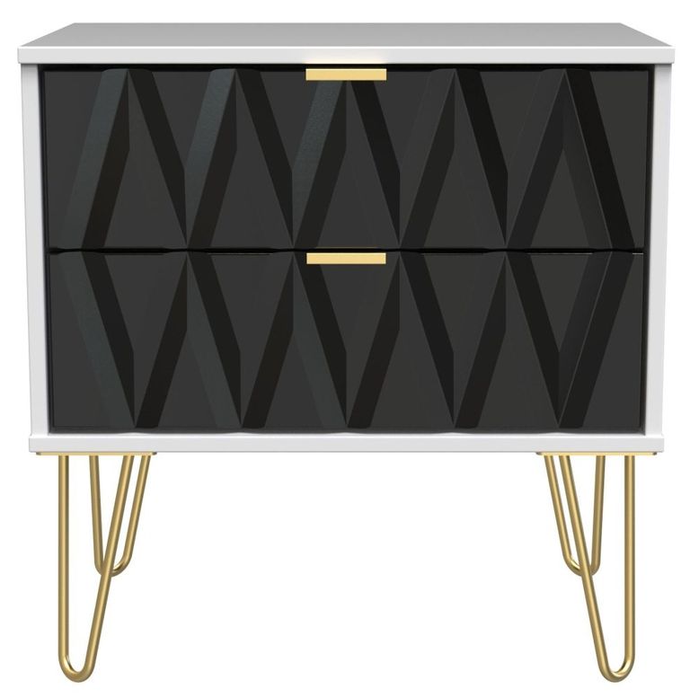 Diamond Black and White 2 Drawer Midi Bedside Cabinet with Gold Hairpin Legs