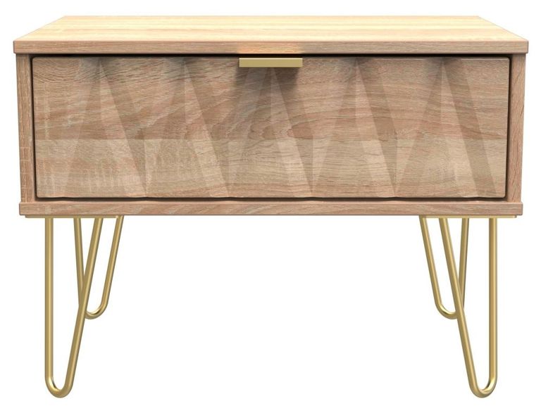 Diamond Oak Effect 1 Drawer Midi Bedside Table with Gold Hairpin Legs
