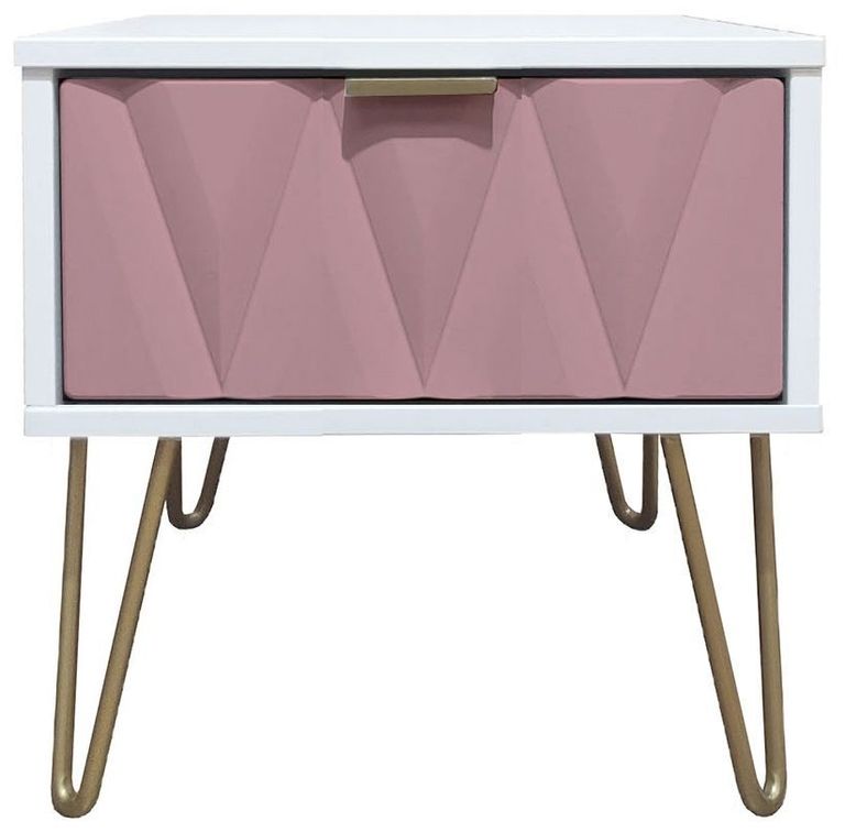 Diamond Pink and White 1 Drawer Bedside Table with Gold Hairpin Legs