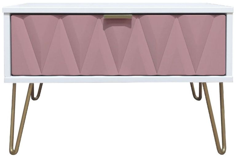 Diamond Pink and White 1 Drawer Midi Bedside Table with Gold Hairpin Legs