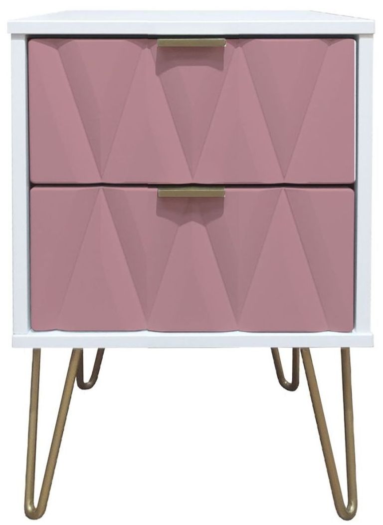 Diamond Pink and White 2 Drawer Bedside Cabinet with Gold Hairpin Legs