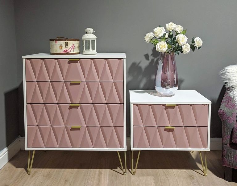 Diamond Pink and White 2 Drawer Midi Bedside Cabinet with Gold Hairpin Legs