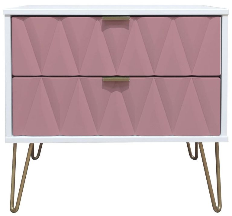 Diamond Pink and White 2 Drawer Midi Bedside Cabinet with Gold Hairpin Legs