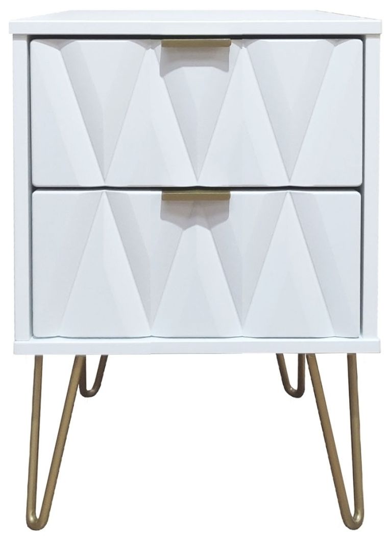 Diamond White 2 Drawer Bedside Cabinet with Gold Hairpin Legs