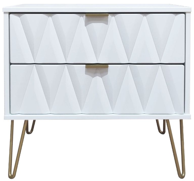Diamond White 2 Drawer Midi Bedside Cabinet with Gold Hairpin Legs