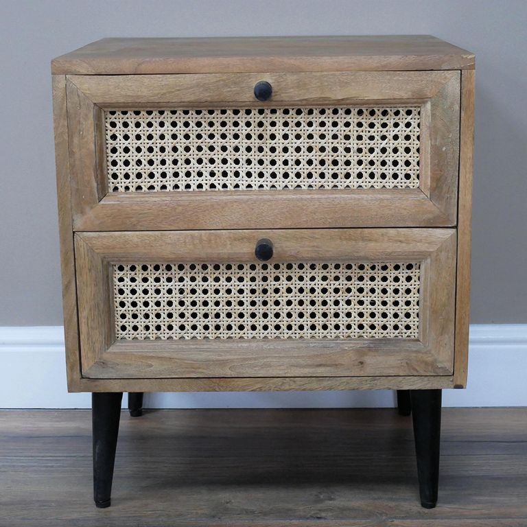 Bedside Cabinet - 2 Drawer - Acacia Wood and Rattan
