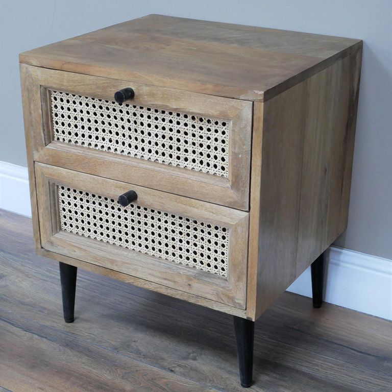 Bedside Cabinet - 2 Drawer - Acacia Wood and Rattan