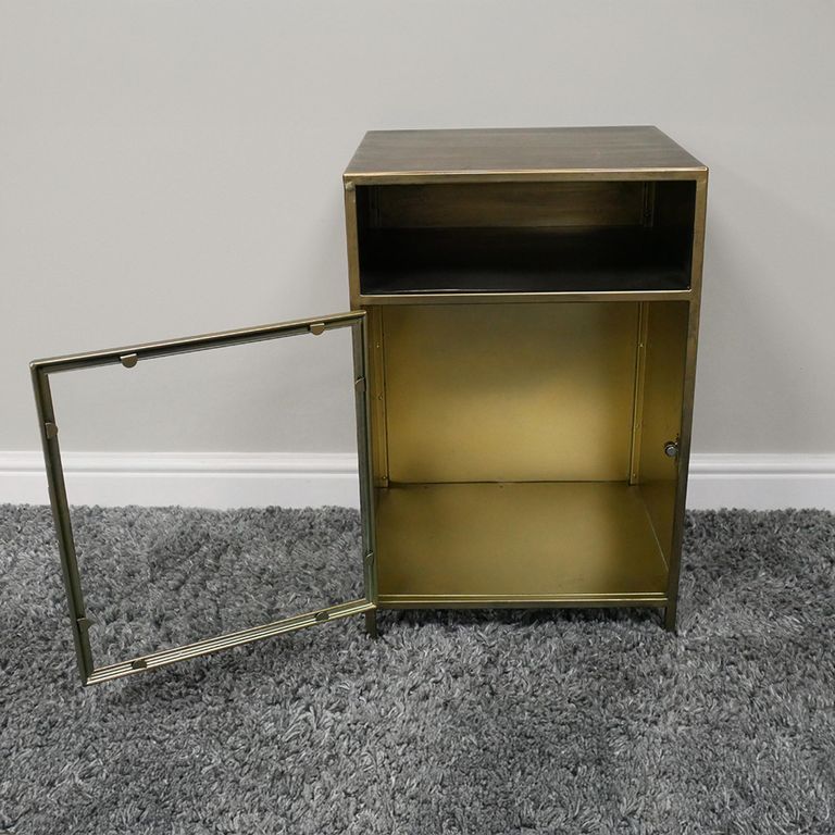 Bedside Cabinet - 1 Door - Brushed Metal and Glass