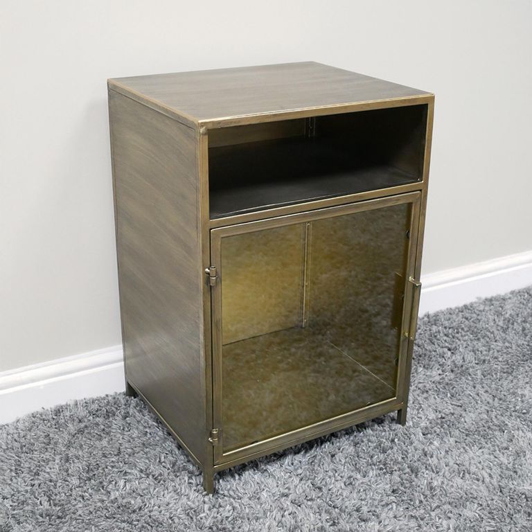 Bedside Cabinet - 1 Door - Brushed Metal and Glass